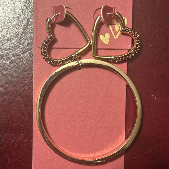 Gold Heart Hoop Rhinestone Earrings and Heart Stamp Bracelet Gold Tone NEW - Picture 12 of 12